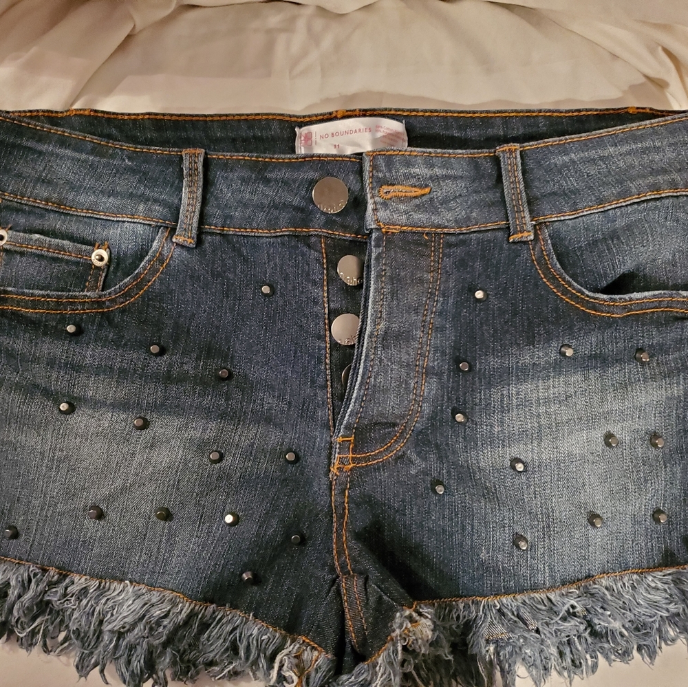 "No Boundaries" button up studded shorts